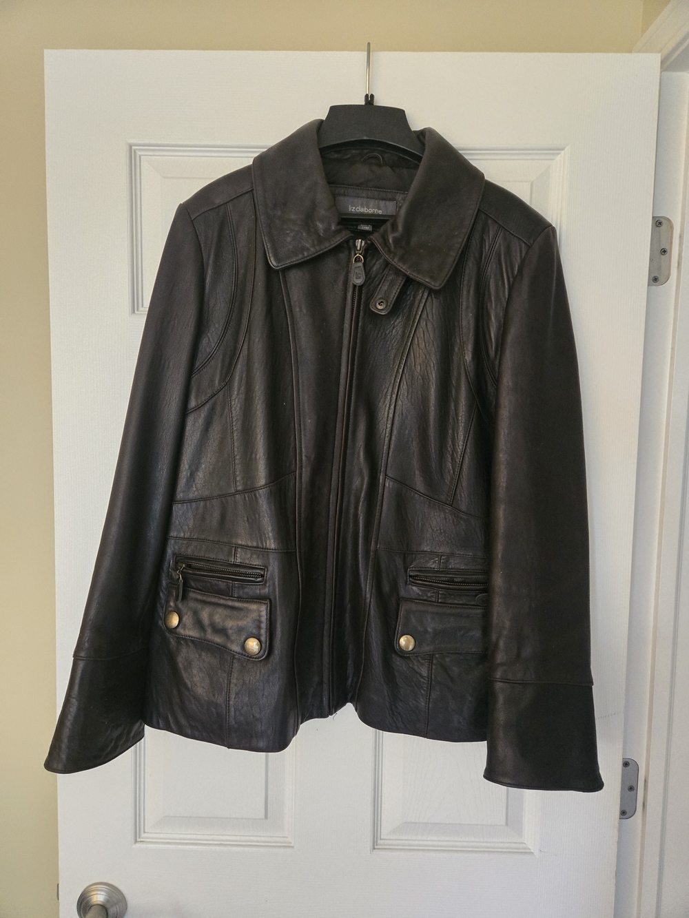 Liz Claiborne Black Leather Jacket with Snap Collar